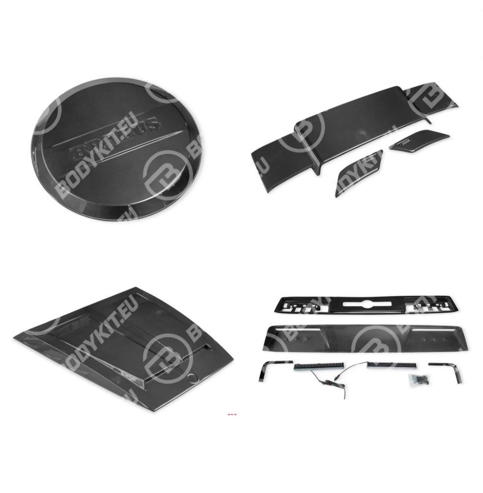 MERCEDES G-KLASSE W463 BRABUS CARBON-LED-SPOILER, RADKAPPEN UND MOTORHAUBE 2000–2018 MERCEDES G-KLASSE W463 BRABUS CARBON-LED-SPOILER, RADKAPPEN UND MOTORHAUBE 2000–2018